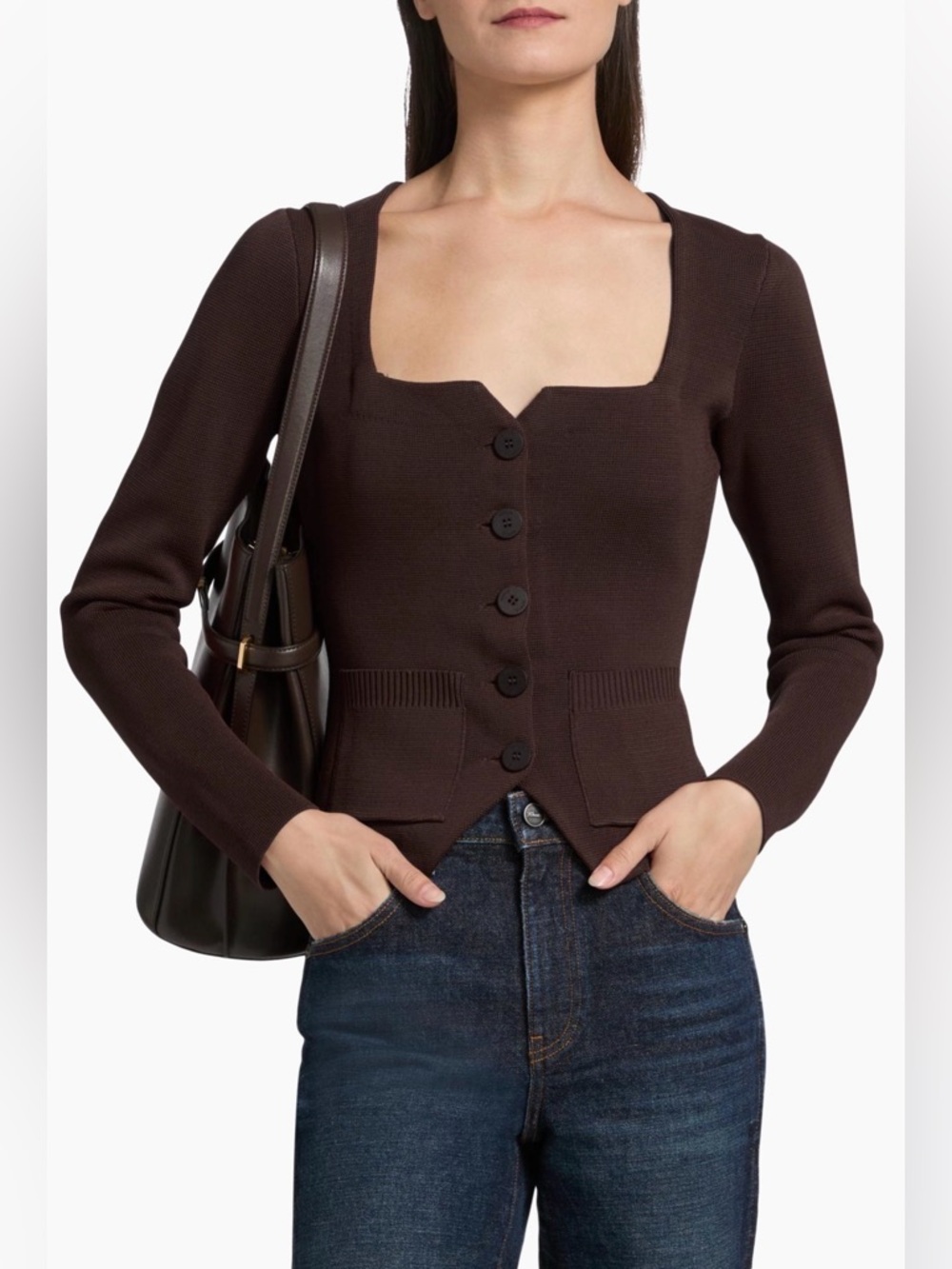 STAUD Rachela Knit Button-Front Top in Brown